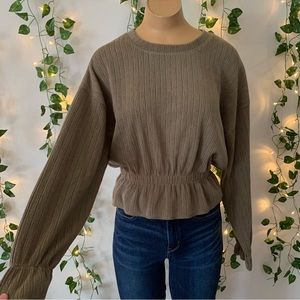 Zara Peplum Hem Ribbed Green Color Crew Neck Sweater